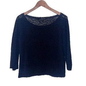 Eileen Fisher Black Cotton Linen Sheer Long Sleeve Top